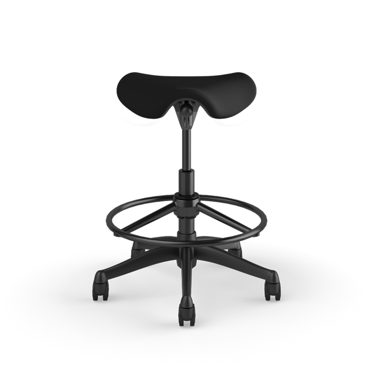 Front view of a Humanscale Pony Stool with 20&quot; foot ring, wipeable Lotus Black fabric saddle seat and graphite frame. Kansas City Office Design.