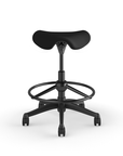 Front view of a Humanscale Pony Stool with 20" foot ring, wipeable Lotus Black fabric saddle seat and graphite frame. Kansas City Office Design.