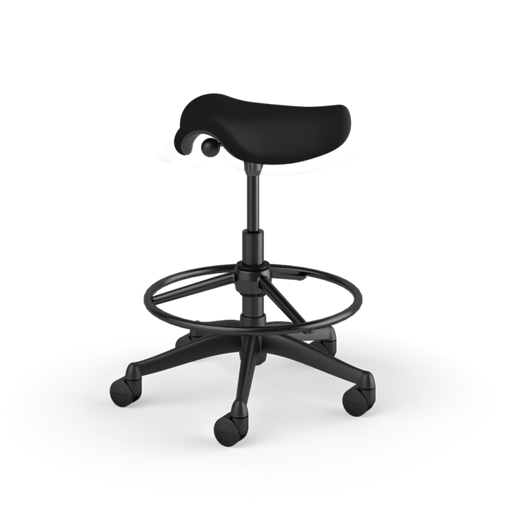 Back view of a Humanscale Pony Stool with 20&quot; foot ring, wipeable Lotus Black fabric saddle seat and graphite frame. Kansas City Office Design.