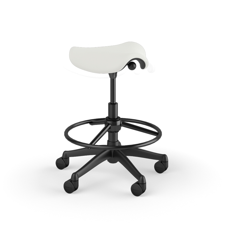 Side view of a Humanscale Pony Stool with 20&quot; foot ring, wipeable Lotus white fabric saddle seat and graphite frame. Kansas City Office Design.