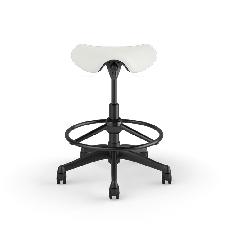 Front view of a Humanscale Pony Stool with 20&quot; foot ring, wipeable Lotus white fabric saddle seat and graphite frame. Kansas City Office Design.