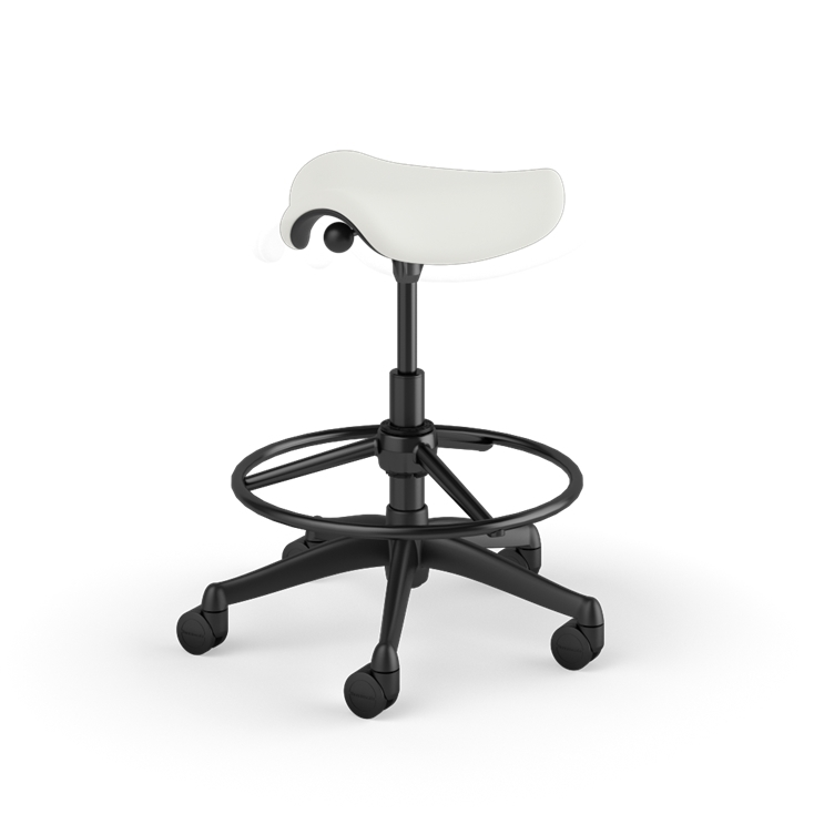 Back view of a Humanscale Pony Stool with 20&quot; foot ring, wipeable Lotus white fabric saddle seat and graphite frame. Kansas City Office Design.