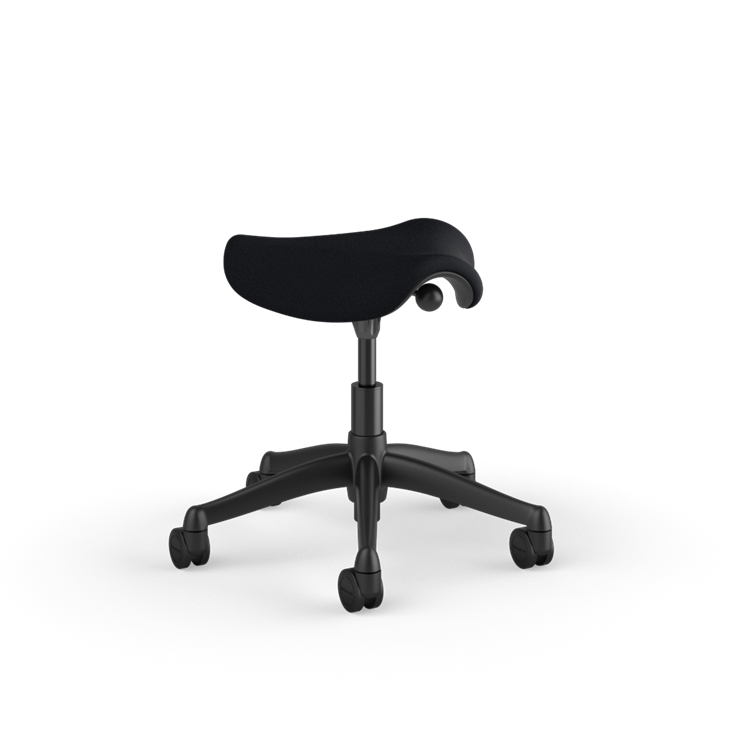 Side view of a Humanscale Pony Stool with 5&quot; standard cylinder, black fabric saddle seat and graphite frame. Kansas City Office Design.