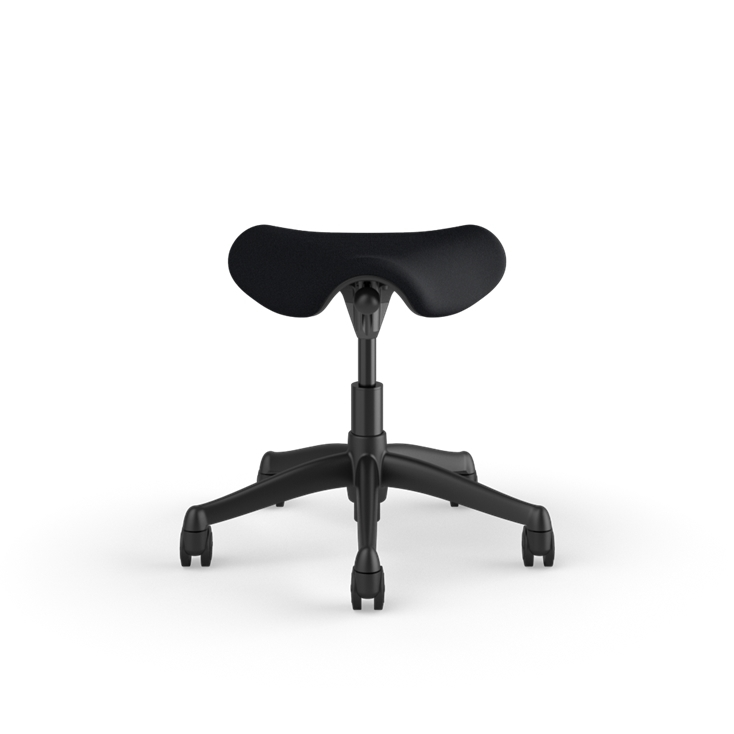 Front view of a Humanscale Pony Stool with 5&quot; standard cylinder, black fabric saddle seat and graphite frame. Kansas City Office Design.
