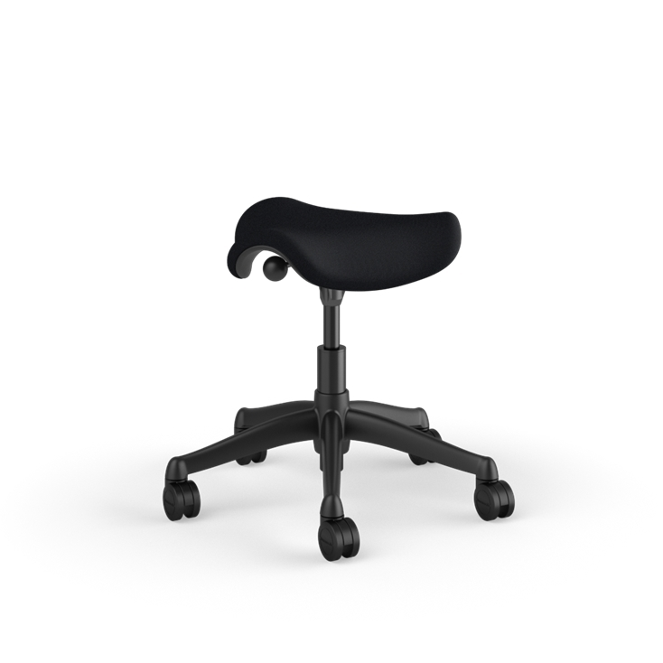 Back view of a Humanscale Pony Stool with 5&quot; standard cylinder, black fabric saddle seat and graphite frame. Kansas City Office Design.