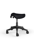 Back view of a Humanscale Pony Stool with 5" standard cylinder, black fabric saddle seat and graphite frame. Kansas City Office Design.