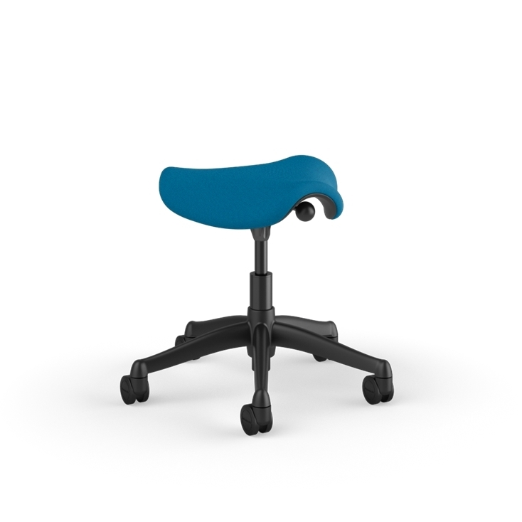 Side view of a Humanscale Pony Stool with 5&quot; standard cylinder, peacock blue fabric saddle seat and graphite frame. Kansas City Office Design.