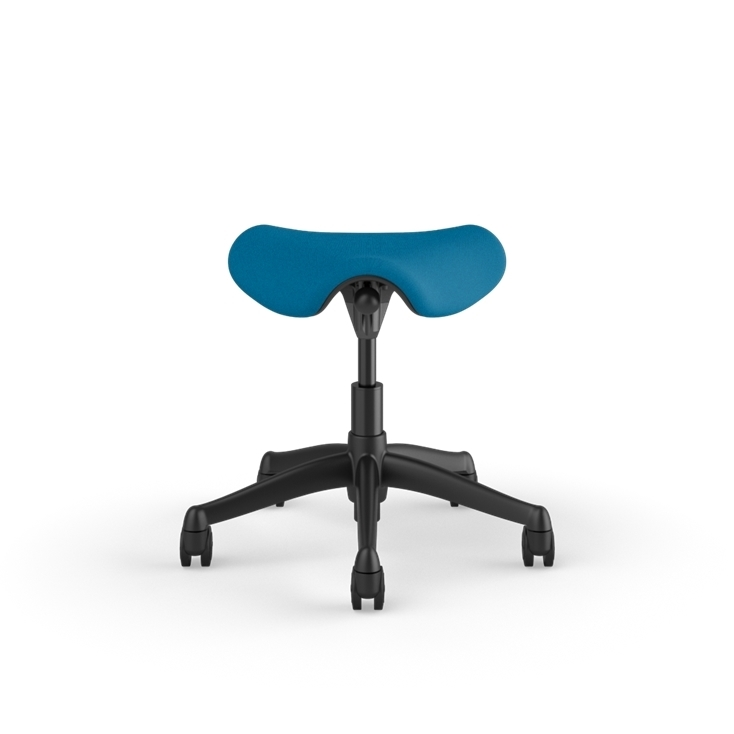 Front view of a Humanscale Pony Stool with 5&quot; standard cylinder, peacock blue fabric saddle seat and graphite frame. Kansas City Office Design.