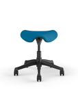 Front view of a Humanscale Pony Stool with 5" standard cylinder, peacock blue fabric saddle seat and graphite frame. Kansas City Office Design.