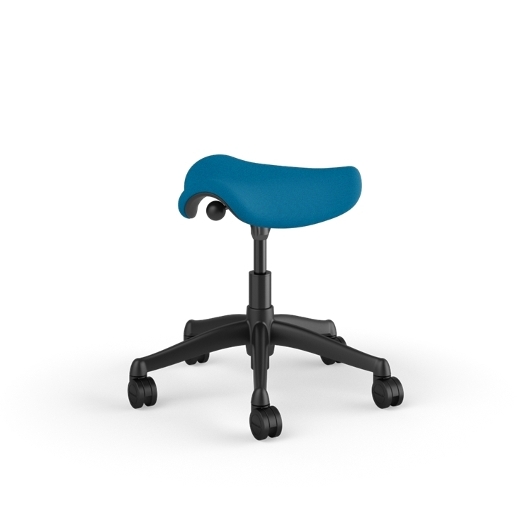Back view of a Humanscale Pony Stool with 5&quot; standard cylinder, peacock blue fabric saddle seat and graphite frame. Kansas City Office Design.
