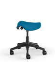 Back view of a Humanscale Pony Stool with 5" standard cylinder, peacock blue fabric saddle seat and graphite frame. Kansas City Office Design.