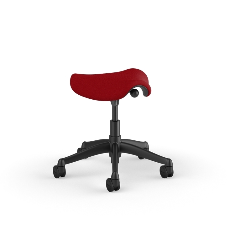 Side view of a Humanscale Pony Stool with 5&quot; standard cylinder, red fabric saddle seat and graphite frame. Kansas City Office Design.
