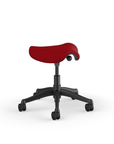 Side view of a Humanscale Pony Stool with 5" standard cylinder, red fabric saddle seat and graphite frame. Kansas City Office Design.