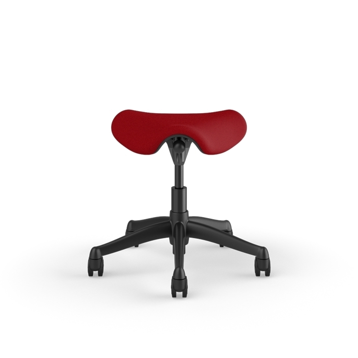 Front view of a Humanscale Pony Stool with 5&quot; standard cylinder, red fabric saddle seat and graphite frame. Kansas City Office Design.