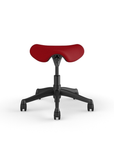 Front view of a Humanscale Pony Stool with 5" standard cylinder, red fabric saddle seat and graphite frame. Kansas City Office Design.