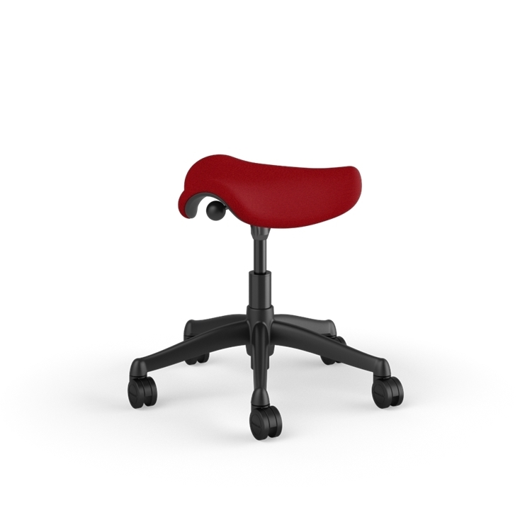 Back view of a Humanscale Pony Stool with 5&quot; standard cylinder, red fabric saddle seat and graphite frame. Kansas City Office Design.