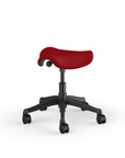 Back view of a Humanscale Pony Stool with 5" standard cylinder, red fabric saddle seat and graphite frame. Kansas City Office Design.