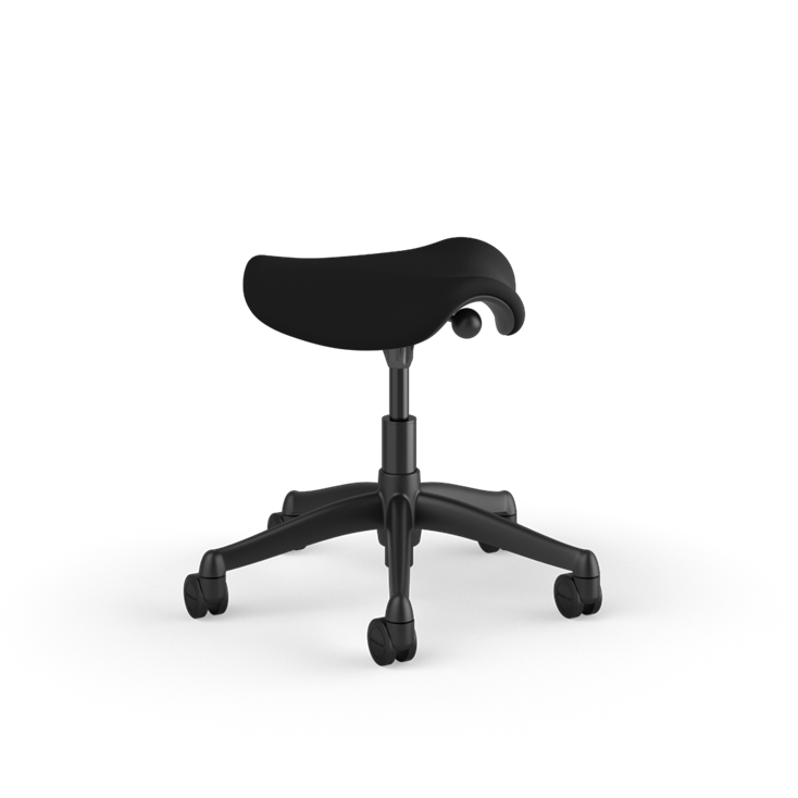 Side view of a Humanscale Pony Stool with 5&quot; standard cylinder, wipeable lotus black fabric saddle seat and graphite frame. Kansas City Office Design.