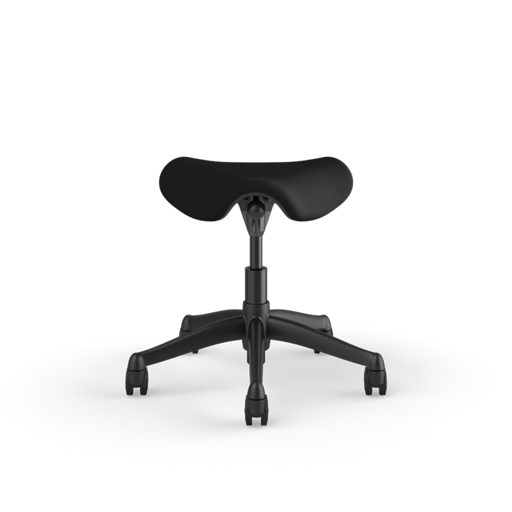 Front view of a Humanscale Pony Stool with 5&quot; standard cylinder, wipeable lotus black fabric saddle seat and graphite frame. Kansas City Office Design.