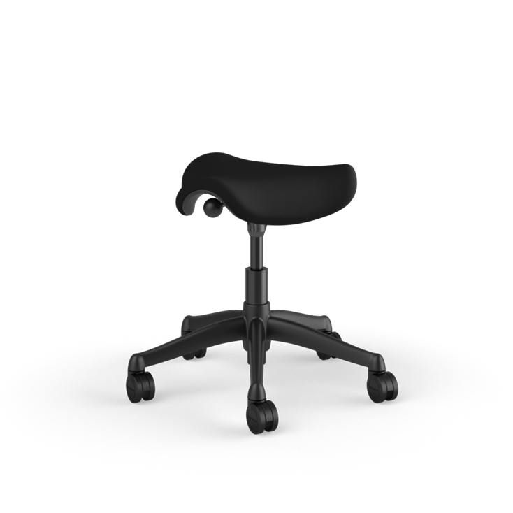 Back view of a Humanscale Pony Stool with 5&quot; standard cylinder, wipeable lotus black fabric saddle seat and graphite frame. Kansas City Office Design.