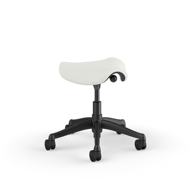 Side view of a Humanscale Pony Stool with 5&quot; standard cylinder, wipeable lotus white fabric saddle seat and graphite frame. Kansas City Office Design.