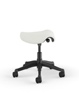 Side view of a Humanscale Pony Stool with 5" standard cylinder, wipeable lotus white fabric saddle seat and graphite frame. Kansas City Office Design.