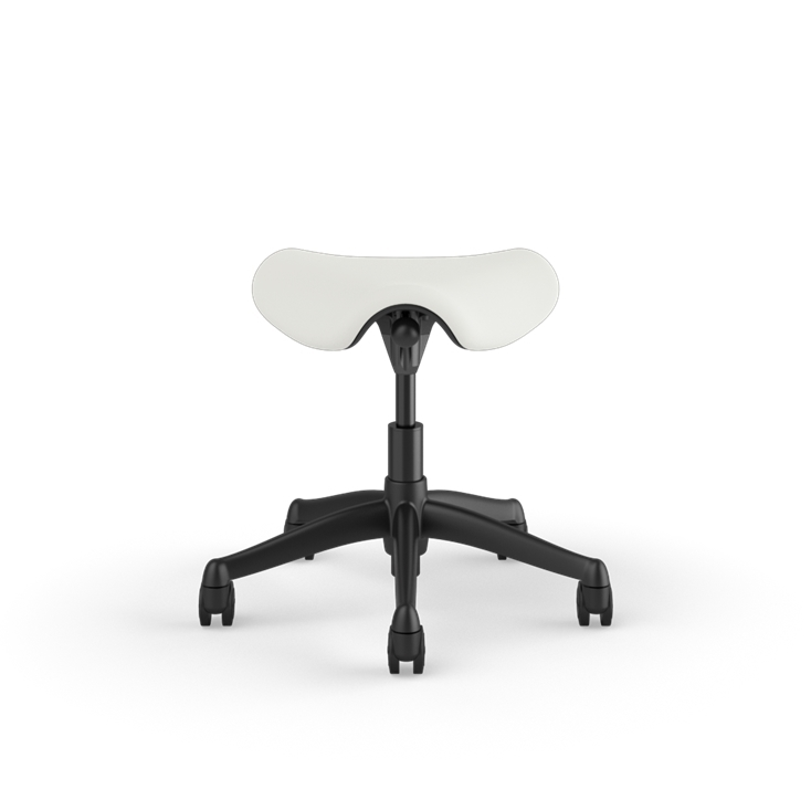 Front view of a Humanscale Pony Stool with 5&quot; standard cylinder, wipeable lotus white fabric saddle seat and graphite frame. Kansas City Office Design.