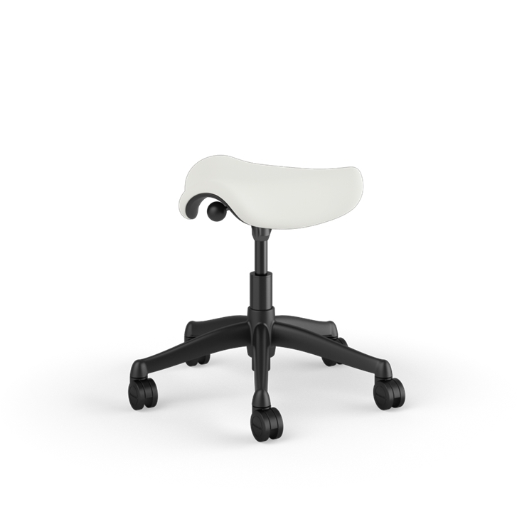 Back view of a Humanscale Pony Stool with 5&quot; standard cylinder, wipeable lotus white fabric saddle seat and graphite frame. Kansas City Office Design.