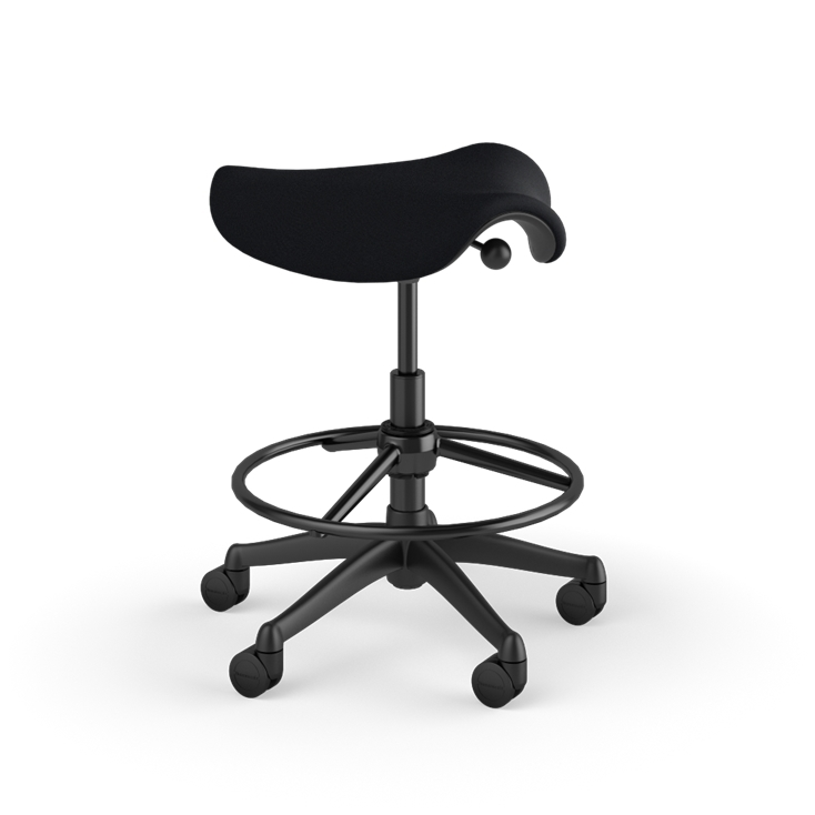Side view of a Humanscale Saddle Stool with 20&quot; stool ring, black fabric saddle seat and graphite frame. Kansas City Office Design.