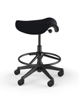 Side view of a Humanscale Saddle Stool with 20" stool ring, black fabric saddle seat and graphite frame. Kansas City Office Design.