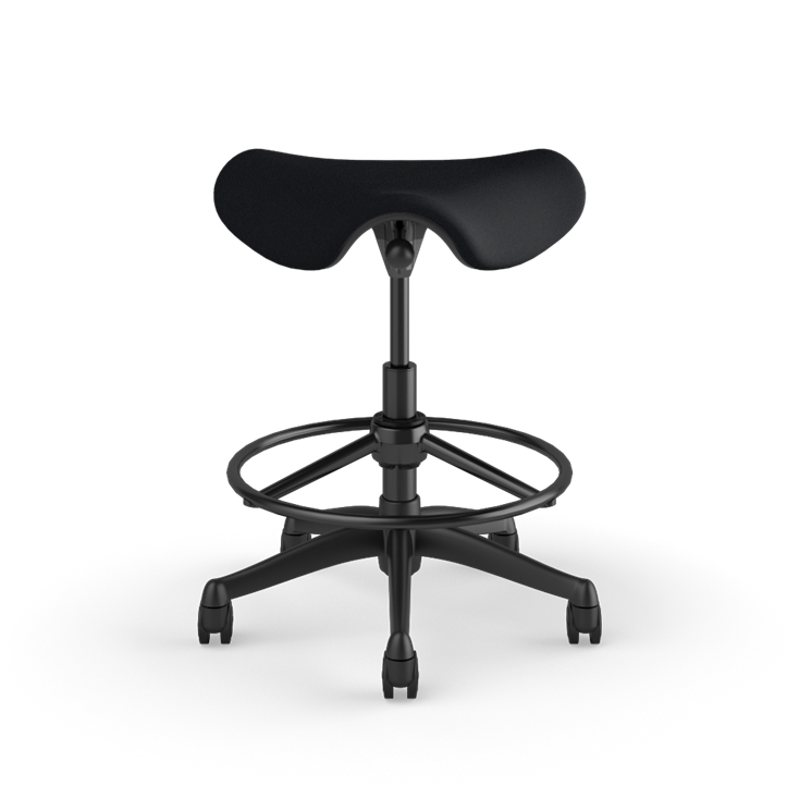 Front view of a Humanscale Saddle Stool with 20&quot; stool ring, black fabric saddle seat and graphite frame. Kansas City Office Design.