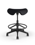 Front view of a Humanscale Saddle Stool with 20" stool ring, black fabric saddle seat and graphite frame. Kansas City Office Design.
