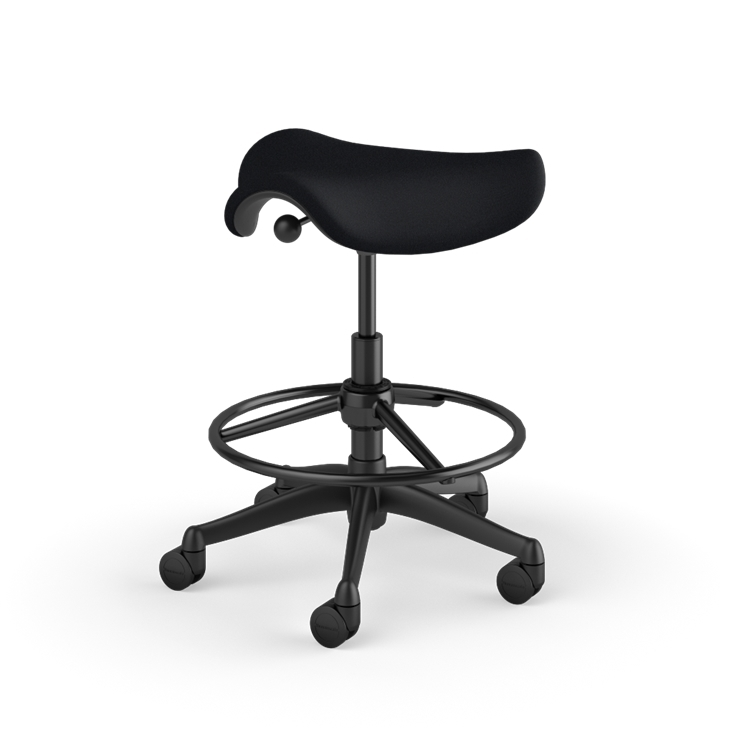 Back view of a Humanscale Saddle Stool with 20&quot; stool ring, black fabric saddle seat and graphite frame. Kansas City Office Design.