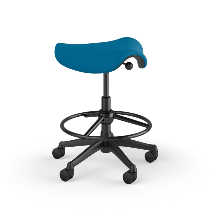 Side view of a Humanscale Saddle Stool with 20&quot; stool ring, peacock blue fabric saddle seat and graphite frame. Kansas City Office Design.