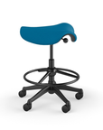 Side view of a Humanscale Saddle Stool with 20" stool ring, peacock blue fabric saddle seat and graphite frame. Kansas City Office Design.
