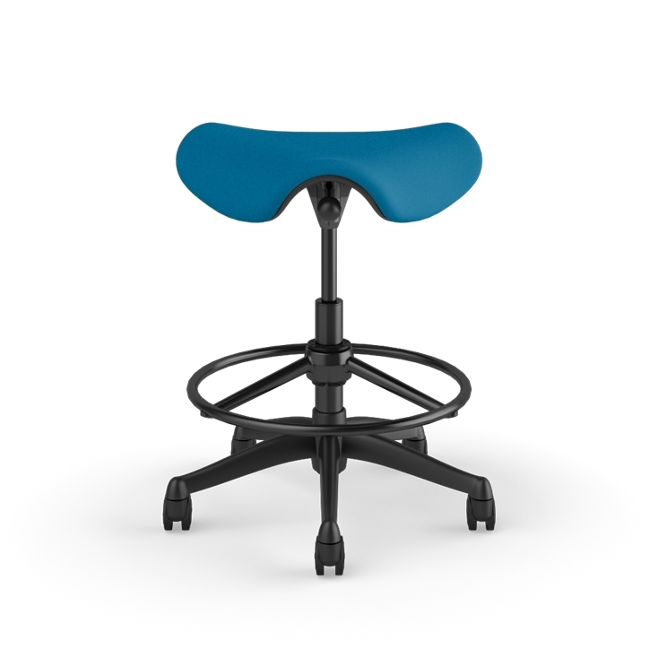 Front view of a Humanscale Saddle Stool with 20&quot; stool ring, peacock blue fabric saddle seat and graphite frame. Kansas City Office Design.