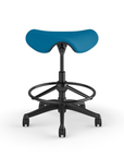 Front view of a Humanscale Saddle Stool with 20" stool ring, peacock blue fabric saddle seat and graphite frame. Kansas City Office Design.