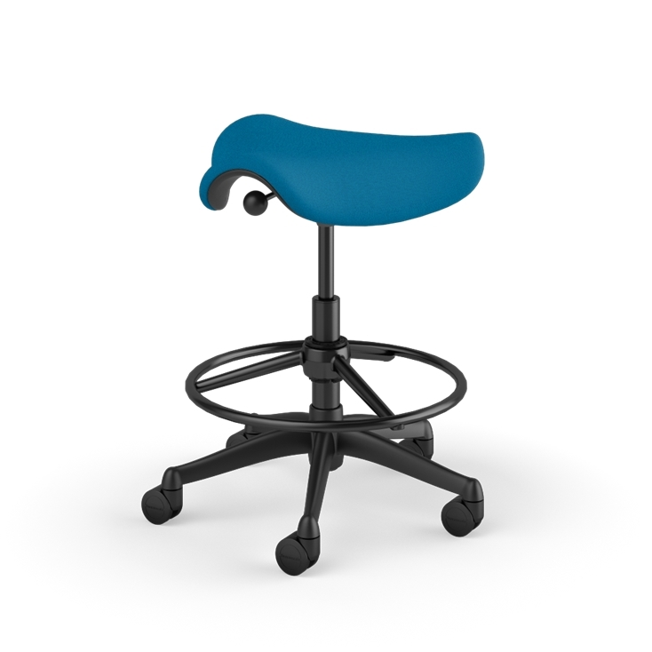 Back view of a Humanscale Saddle Stool with 20&quot; stool ring, peacock blue fabric saddle seat and graphite frame. Kansas City Office Design.