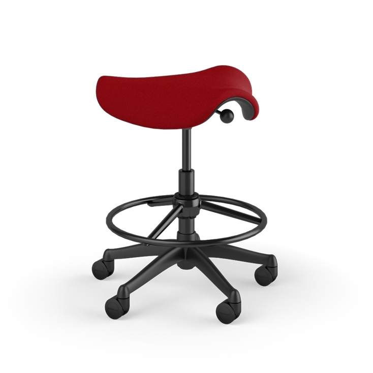 Side view of a Humanscale Saddle Stool with 20&quot; stool ring, red fabric saddle seat and graphite frame. Kansas City Office Design.