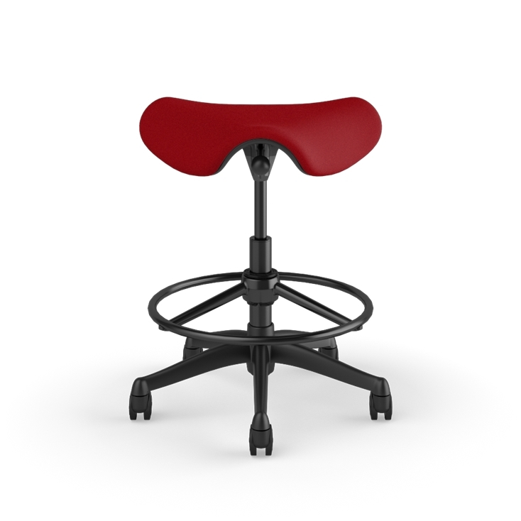 Front view of a Humanscale Saddle Stool with 20&quot; stool ring, red fabric saddle seat and graphite frame. Kansas City Office Design.