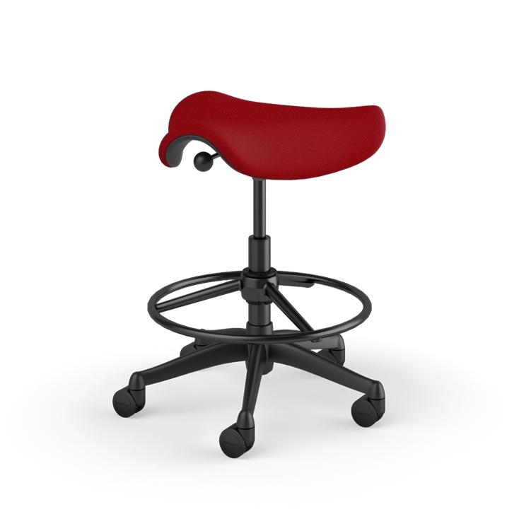 Back view of a Humanscale Saddle Stool with 20&quot; stool ring, red fabric saddle seat and graphite frame. Kansas City Office Design.