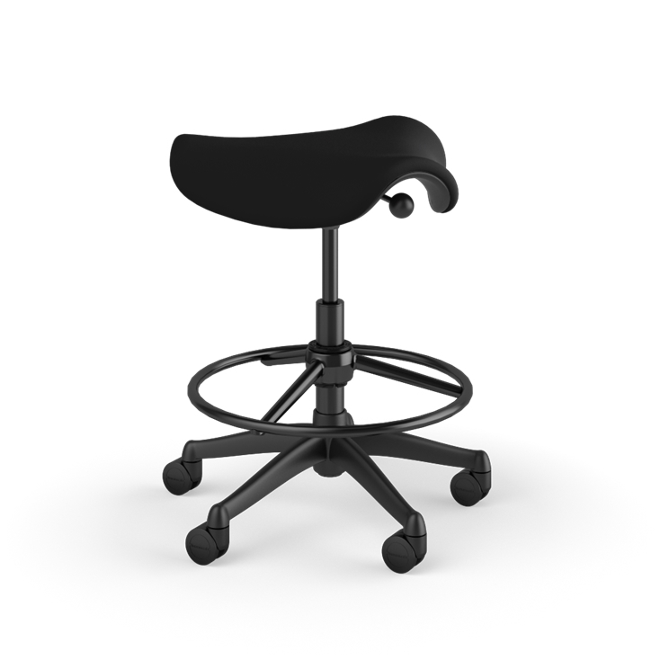 Side view of a Humanscale Saddle Stool with 20&quot; stool ring, wipeable lotus black fabric saddle seat and graphite frame. Kansas City Office Design.