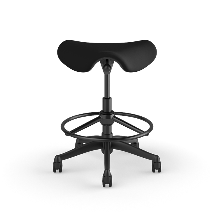 Front view of a Humanscale Saddle Stool with 20&quot; stool ring, wipeable lotus black fabric saddle seat and graphite frame. Kansas City Office Design.