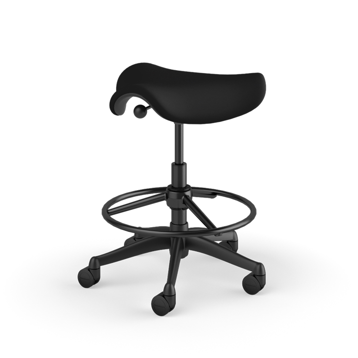 Back view of a Humanscale Saddle Stool with 20&quot; stool ring, wipeable lotus black fabric saddle seat and graphite frame. Kansas City Office Design.