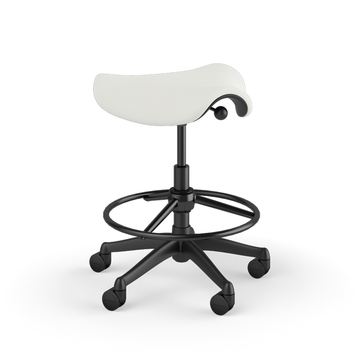 Side view of a Humanscale Saddle Stool with 20&quot; stool ring, wipeable lotus white fabric saddle seat and graphite frame. Kansas City Office Design.