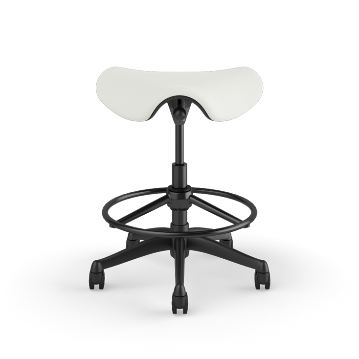 Front view of a Humanscale Saddle Stool with 20&quot; stool ring, wipeable lotus white fabric saddle seat and graphite frame. Kansas City Office Design.