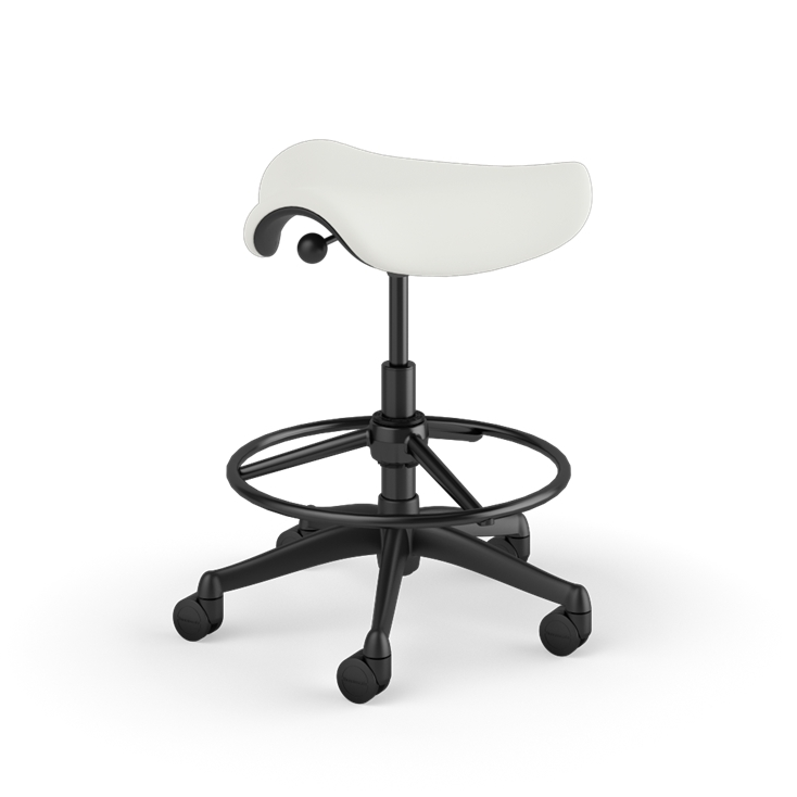 Back view of a Humanscale Saddle Stool with 20&quot; stool ring, wipeable lotus white fabric saddle seat and graphite frame. Kansas City Office Design.