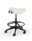 Back view of a Humanscale Saddle Stool with 20" stool ring, wipeable lotus white fabric saddle seat and graphite frame. Kansas City Office Design.