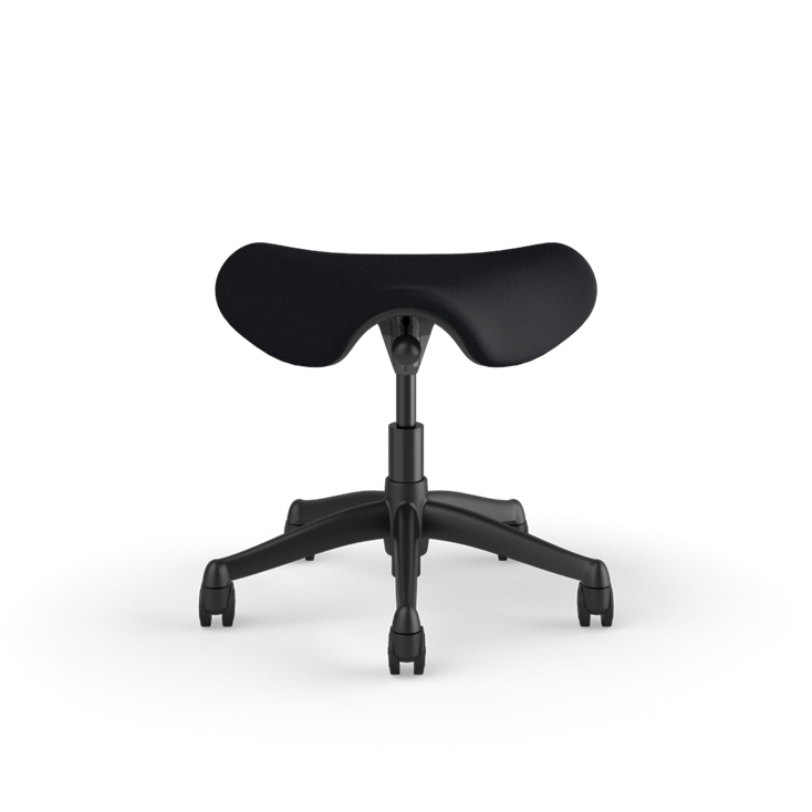 Front view of a Humanscale Saddle Stool with 5&quot; standard cylinder, black fabric saddle seat and graphite frame. Kansas City Office Design.