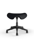 Front view of a Humanscale Saddle Stool with 5" standard cylinder, black fabric saddle seat and graphite frame. Kansas City Office Design.